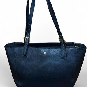 Tory Burch Black Leather Tote Shoulder Bag Gold Logo Classic Work Bag
